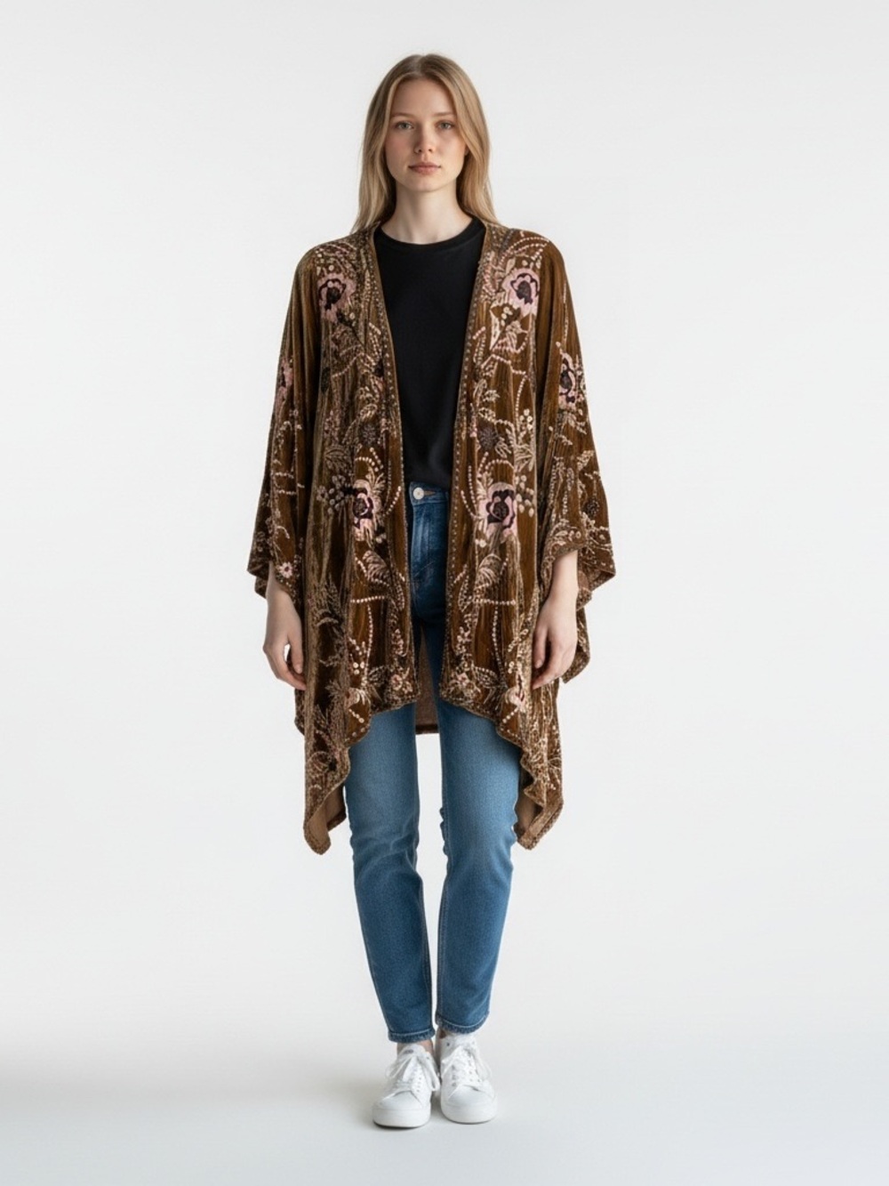Sundance Brown Velvet Floral Open-Front Kimono Size M